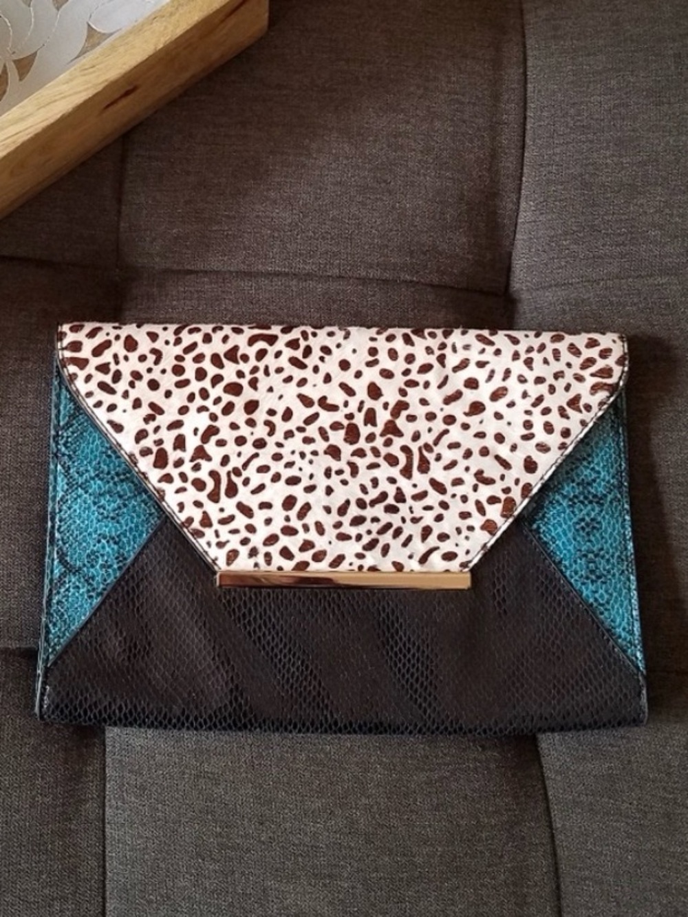 ALDO Clutch Envelope Animal Print Black & Turquoise Blue Faux Snakeskin Bag